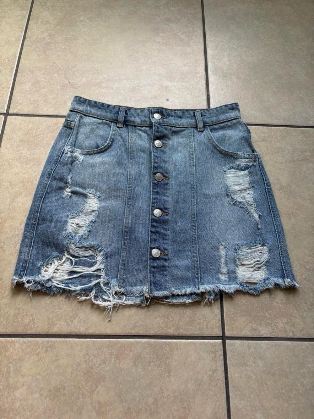Free People Distressed Button-Front Denim Skirt - Blue